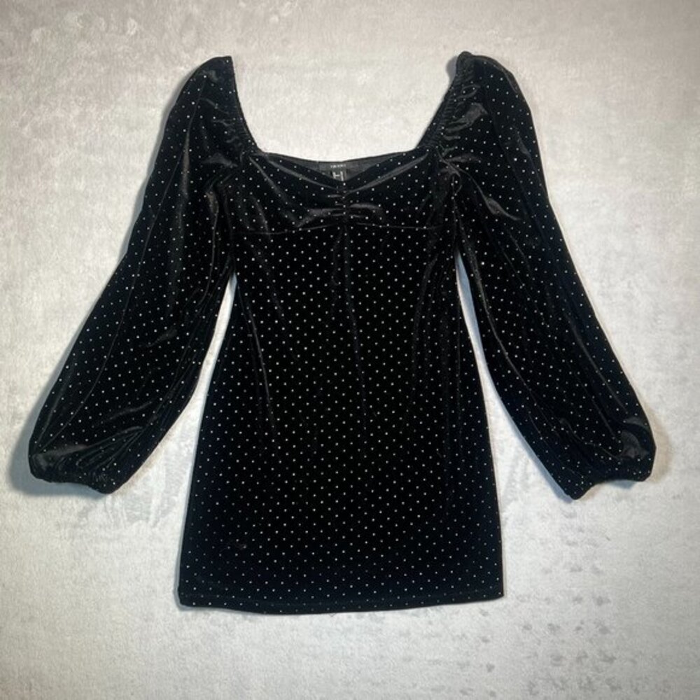 Forever 21 Mini Dress Womens M Black Velvet Rhinestone Studded Balloon Sleeve‎